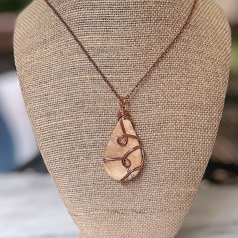 Artisan-Made Copper Wire Wrapped Stone (Chert) Pendant Necklace, 18”